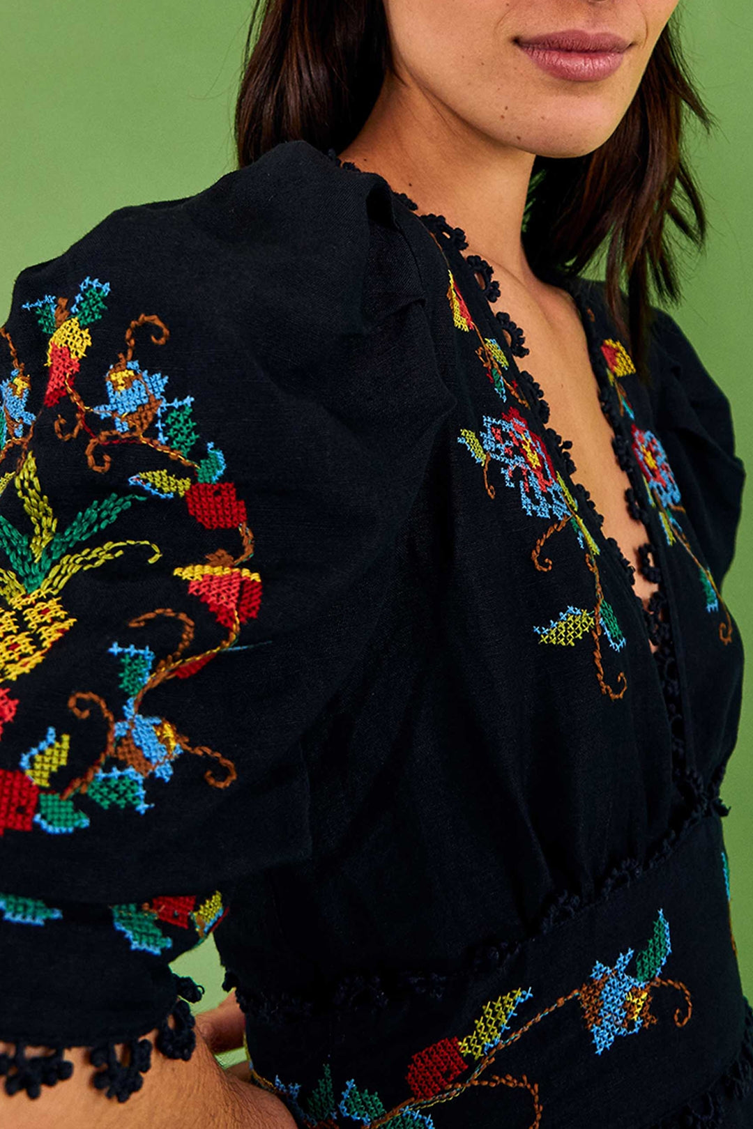 Robe midi au point de croix en lin - Noir