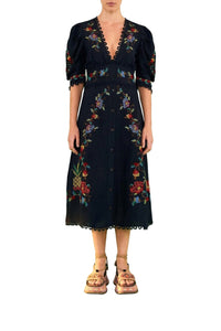 Robe midi au point de croix en lin - Noir