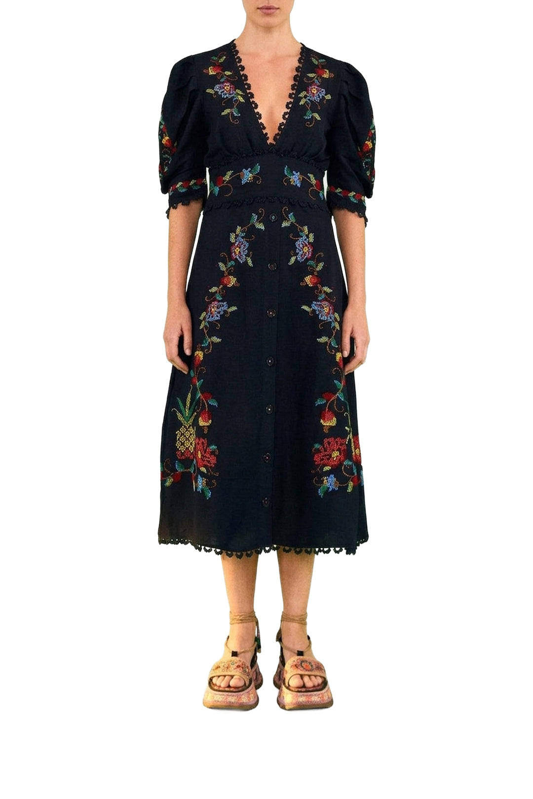 Robe midi au point de croix en lin - Noir