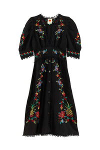 Robe midi au point de croix en lin - Noir