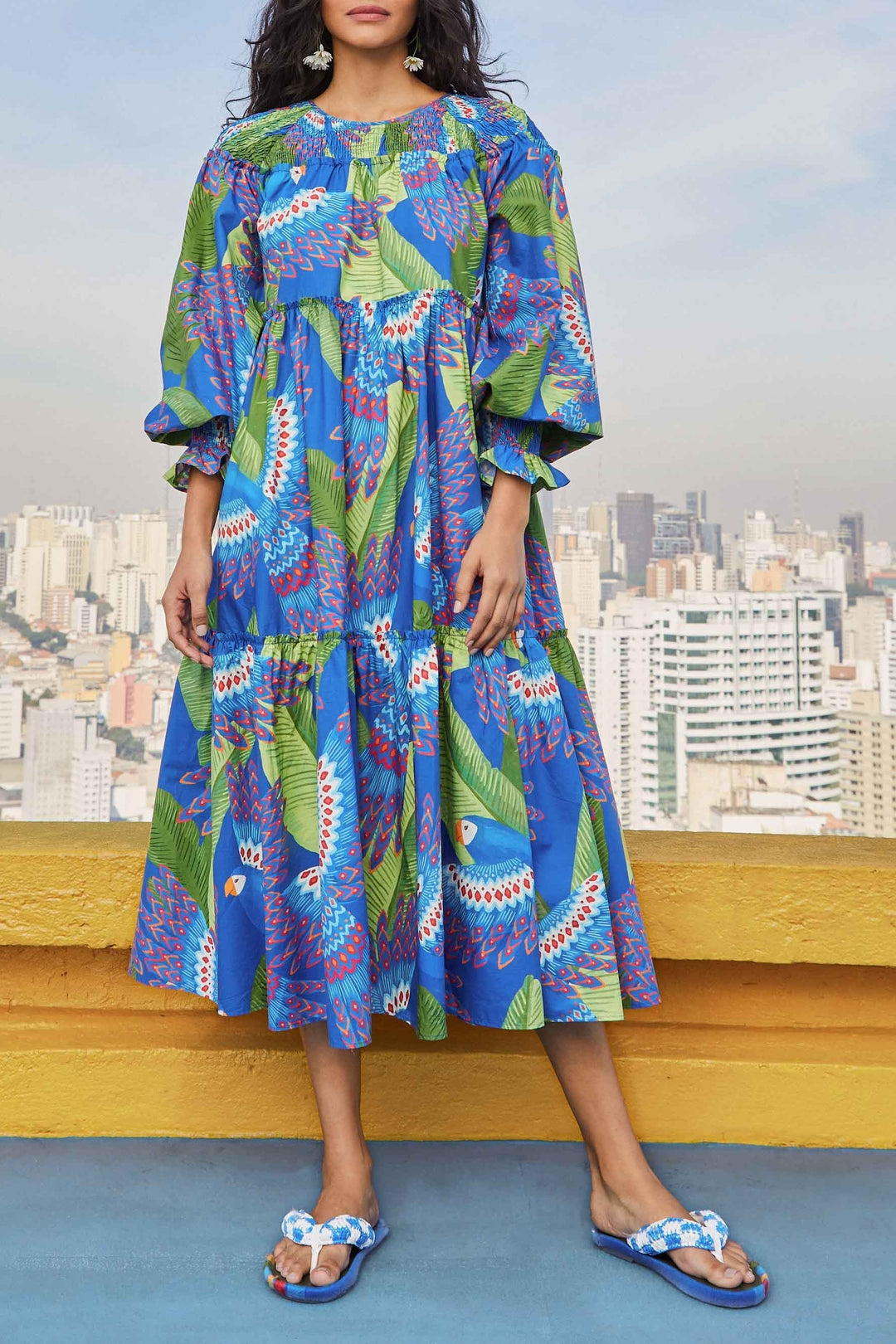 Macaw cotton midi dress - Blue