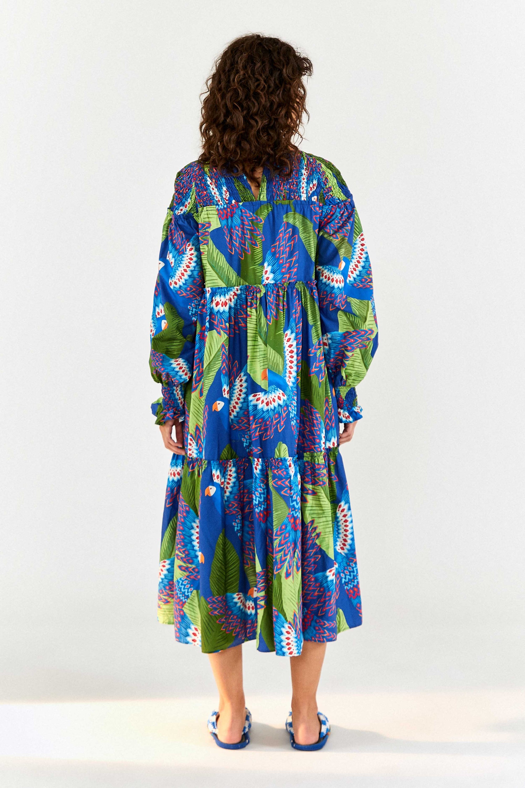 Macaw cotton midi dress - Blue