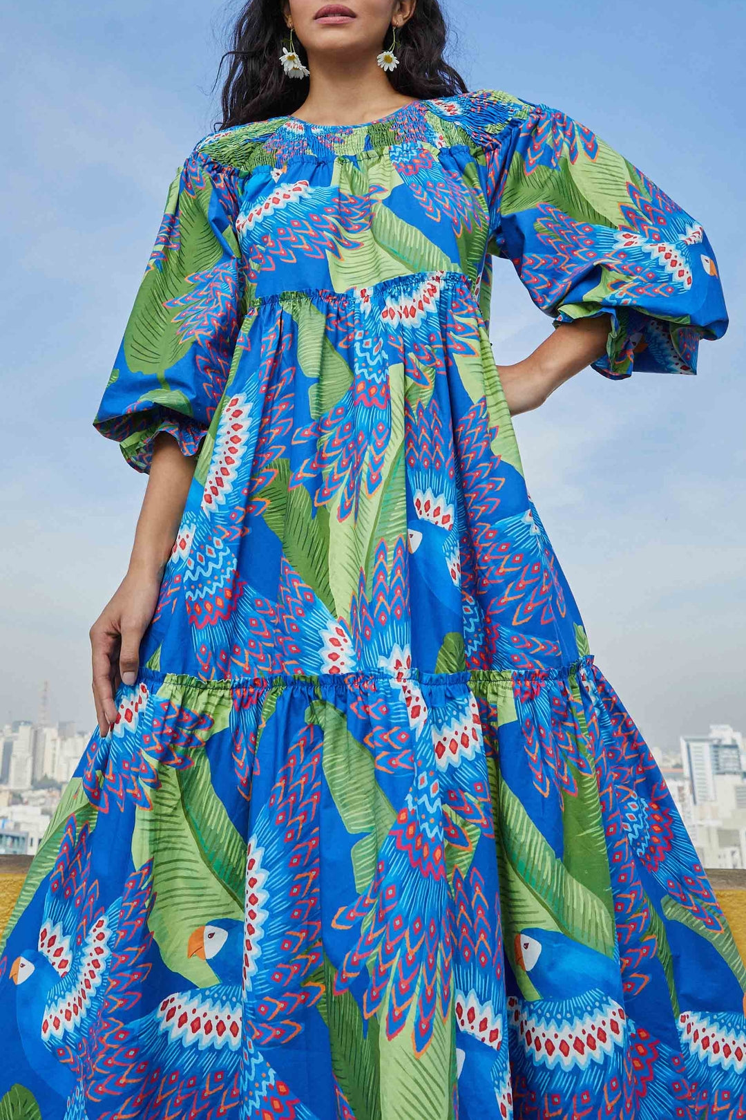 Macaw cotton midi dress - Blue