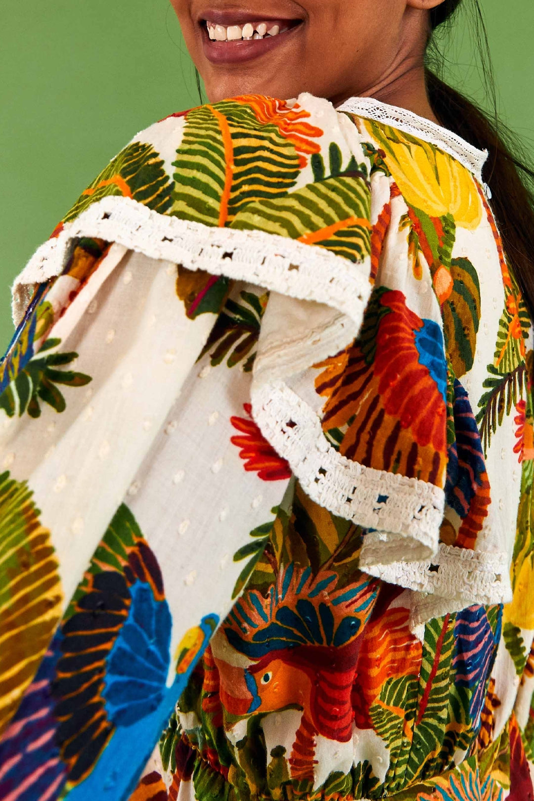 Robe courte Forest Birds en coton - Vert