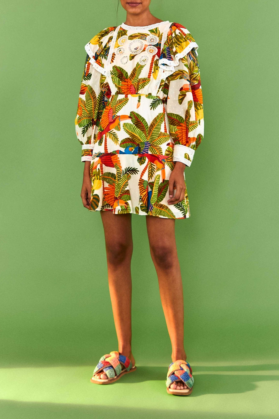 Robe courte Forest Birds en coton - Vert