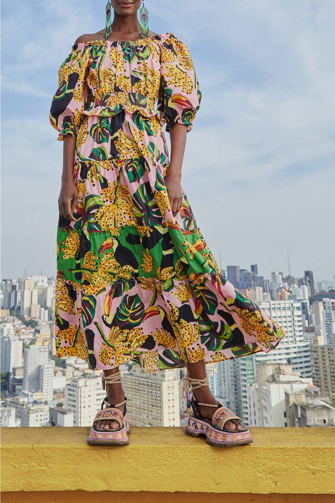 Robe longue à volants Toucananas en coton - Rose