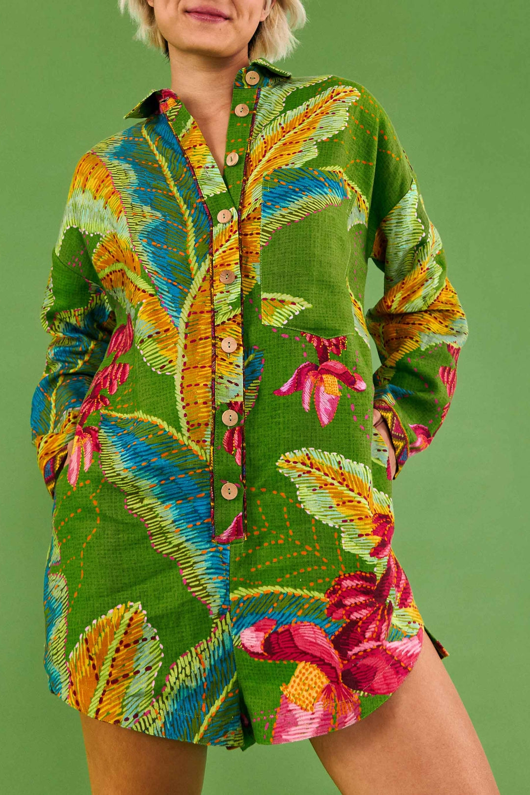 Combi-short Banana Leaves en lin - Vert