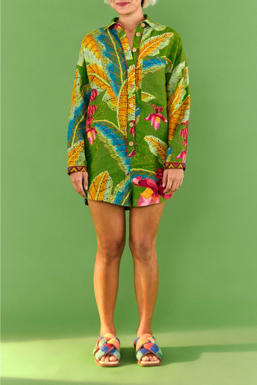 Combi-short Banana Leaves en lin - Vert
