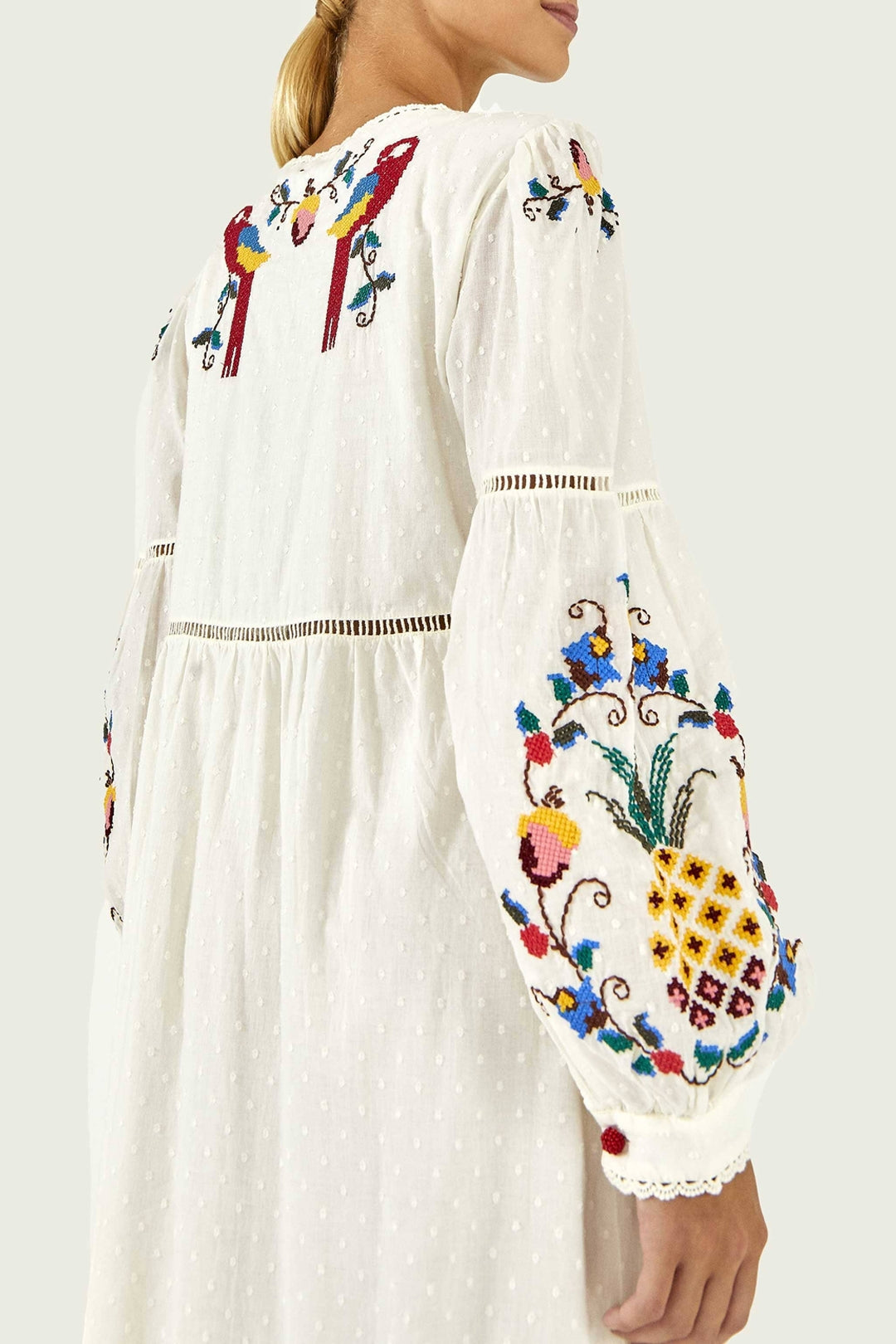 Robe longue Macaw Cross Stitch brodée - Blanc