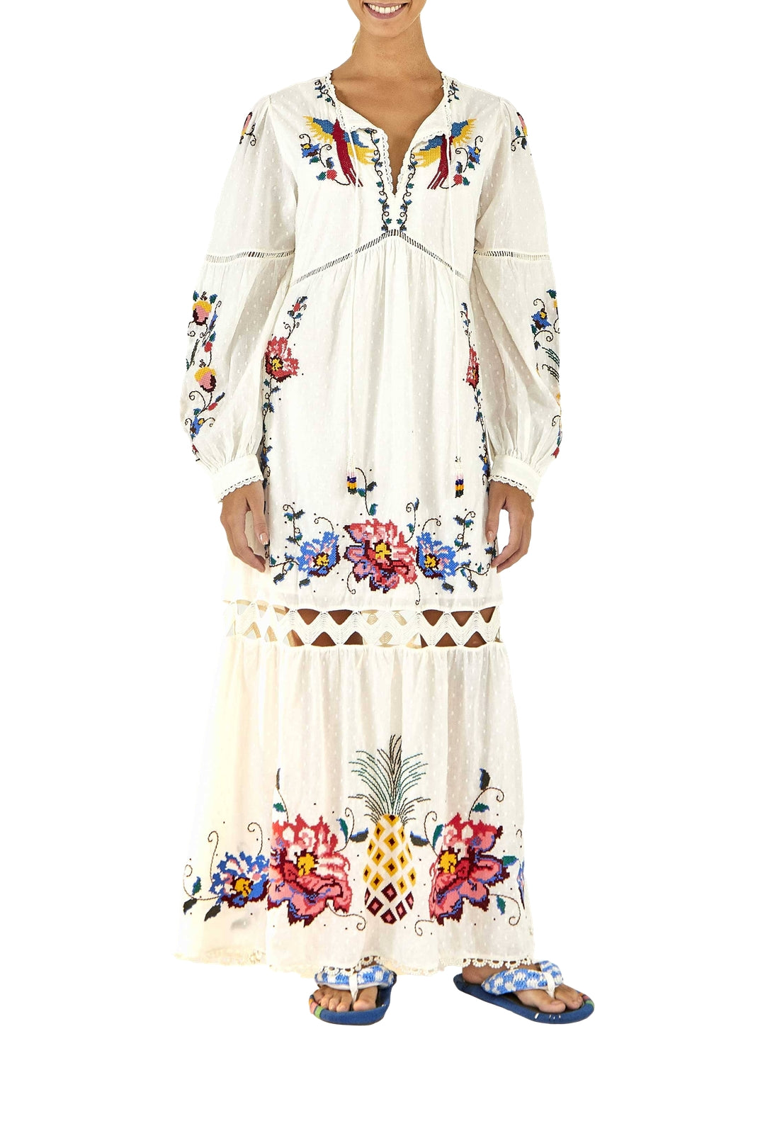Robe longue Macaw Cross Stitch brodée - Blanc