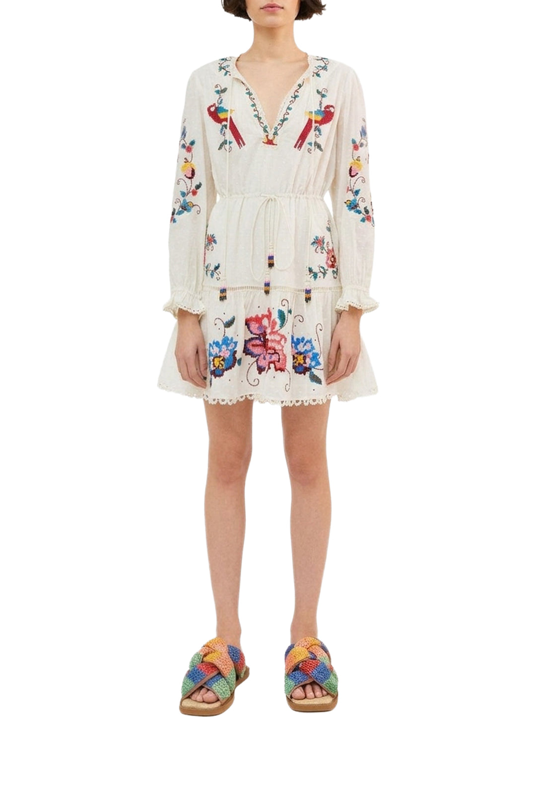 Robe courte Macaw brodée en coton - Blanc