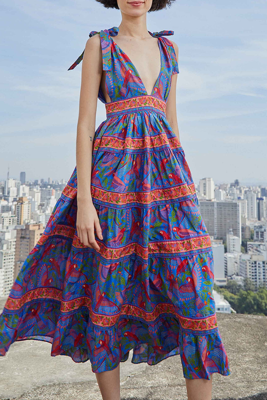 Macaw Flight midi dress in cotton - Blue