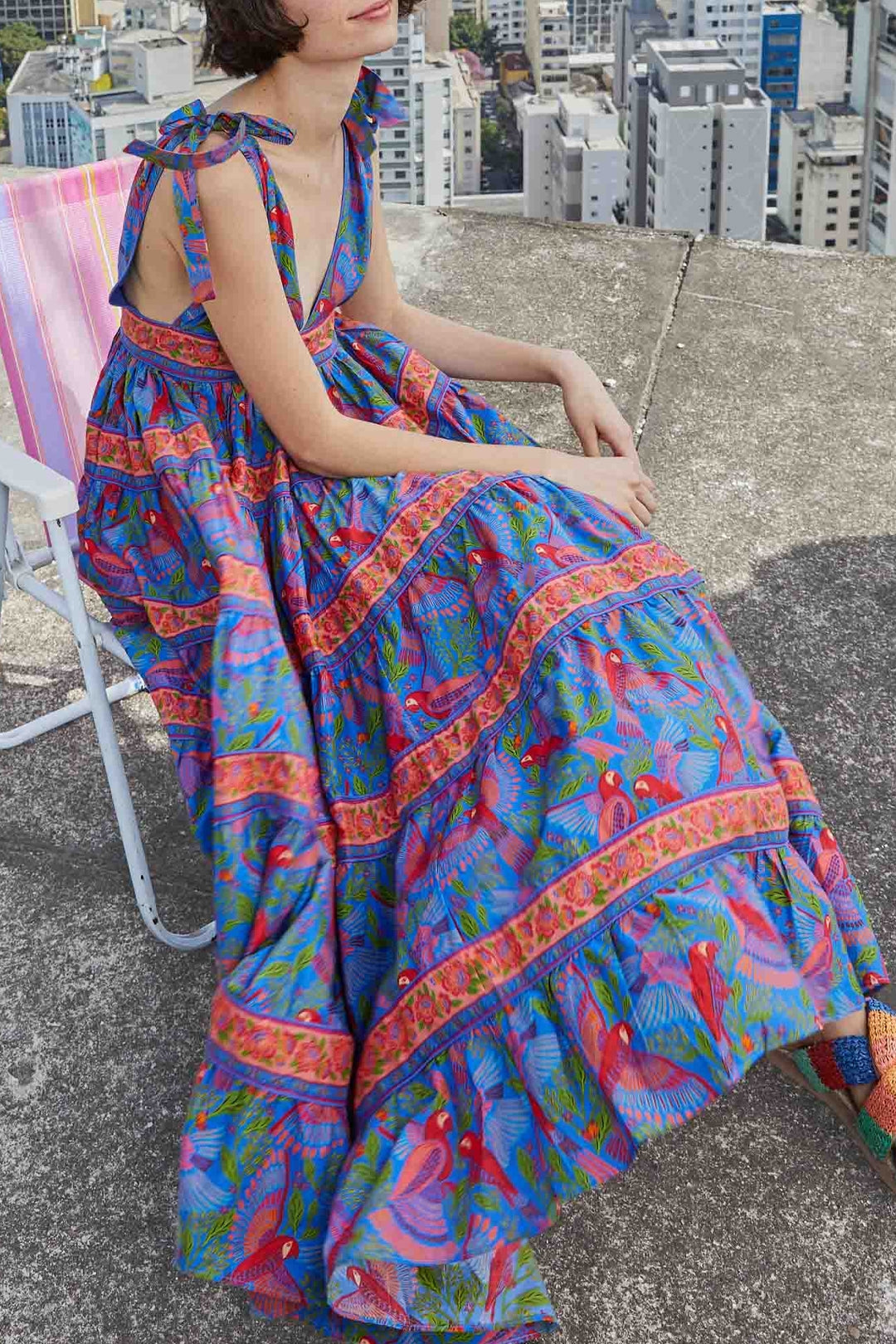 Macaw Flight midi dress in cotton - Blue