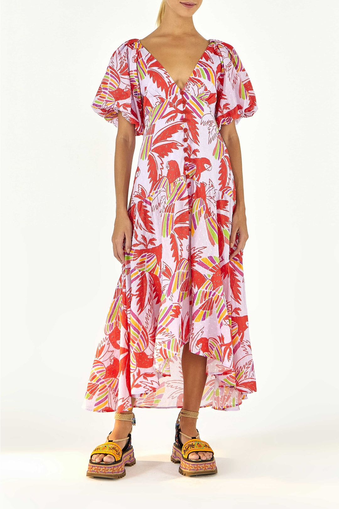 Robe midi Color Birds en coton - Rose