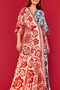 Robe longue portefeuille Jardin Ananas - Rouge