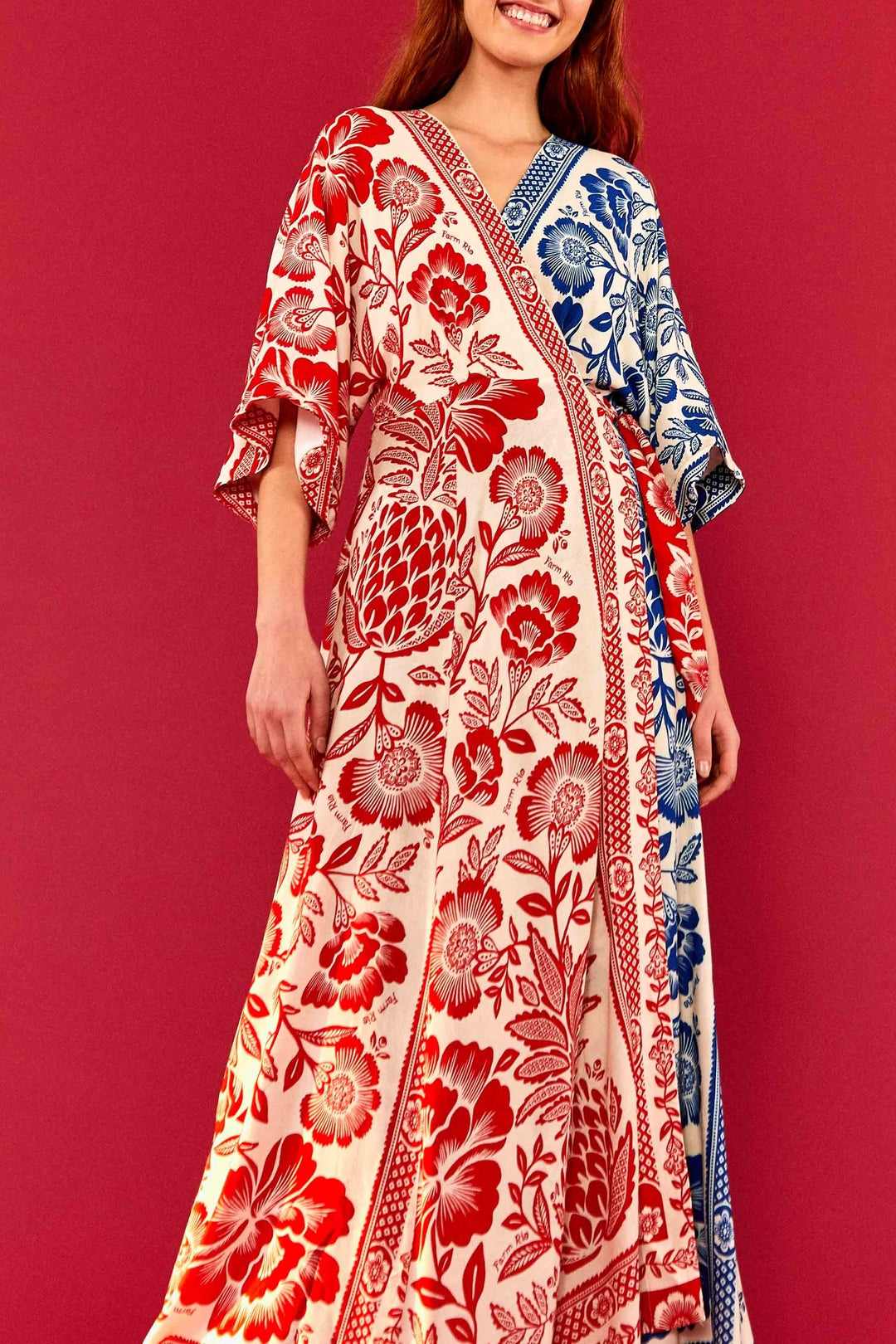 Robe longue portefeuille Jardin Ananas - Rouge