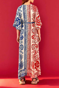 Robe longue portefeuille Jardin Ananas - Rouge