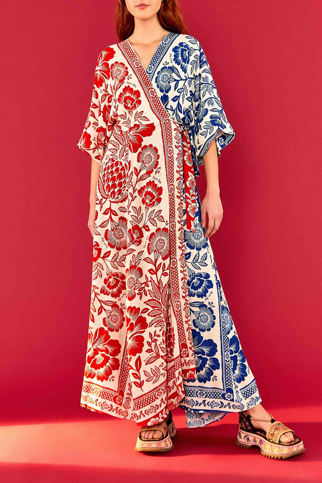 Robe longue portefeuille Jardin Ananas - Rouge