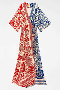 Robe longue portefeuille Jardin Ananas - Rouge