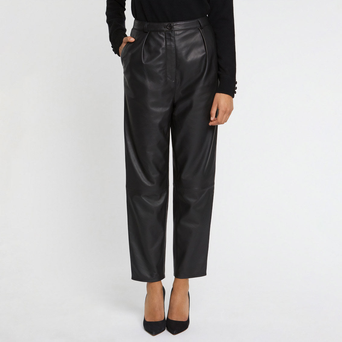 Pantalon taille haute en cuir - Noir