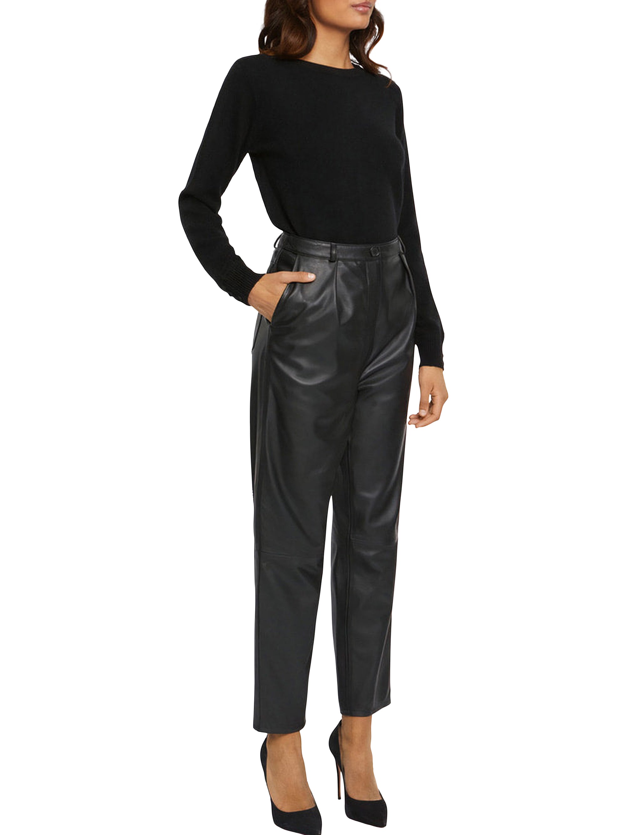 Pantalon taille haute en cuir - Noir