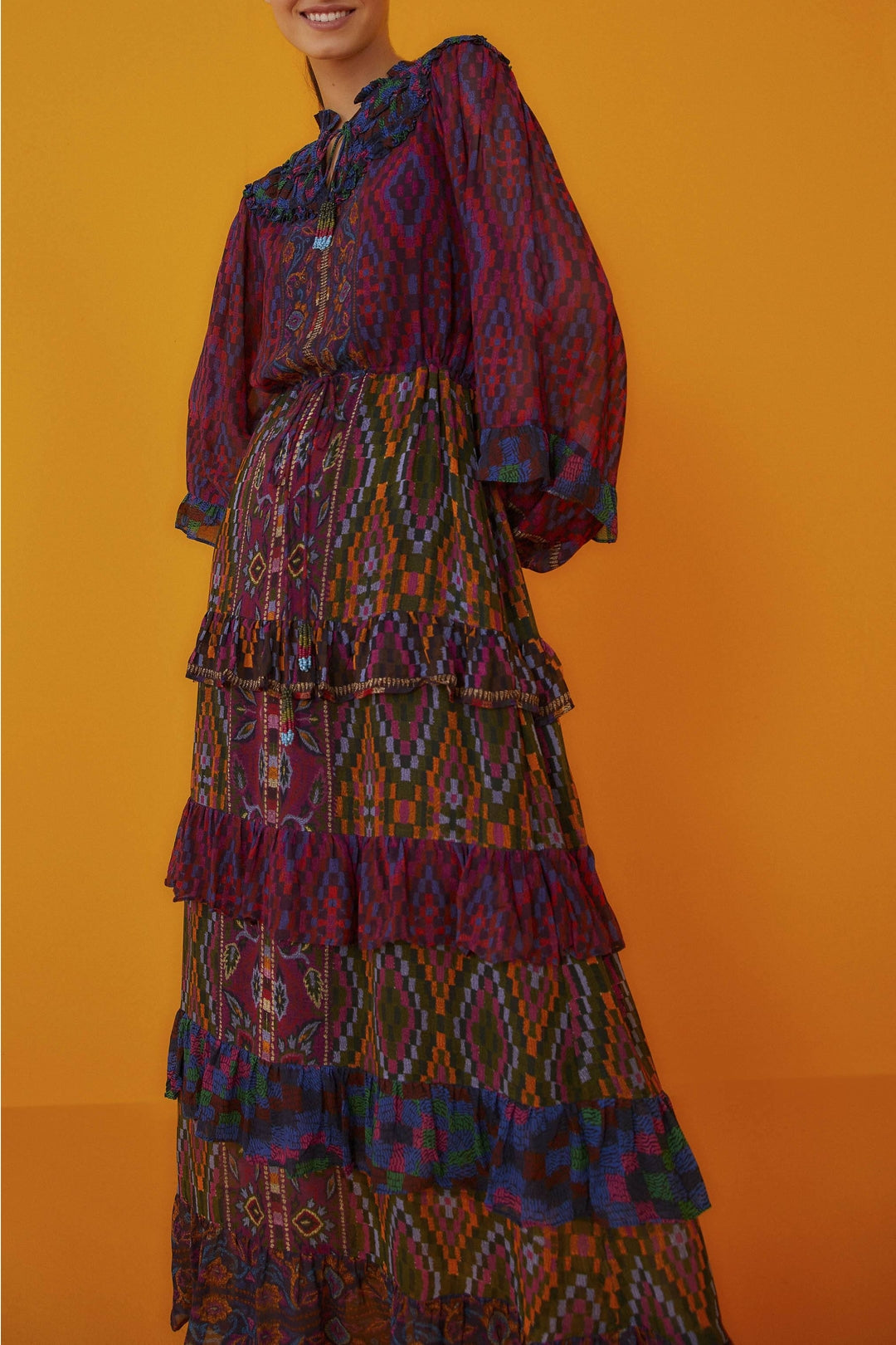 MEDIA OFF LINE_Robe longue volantées à manches longues - Multicolore