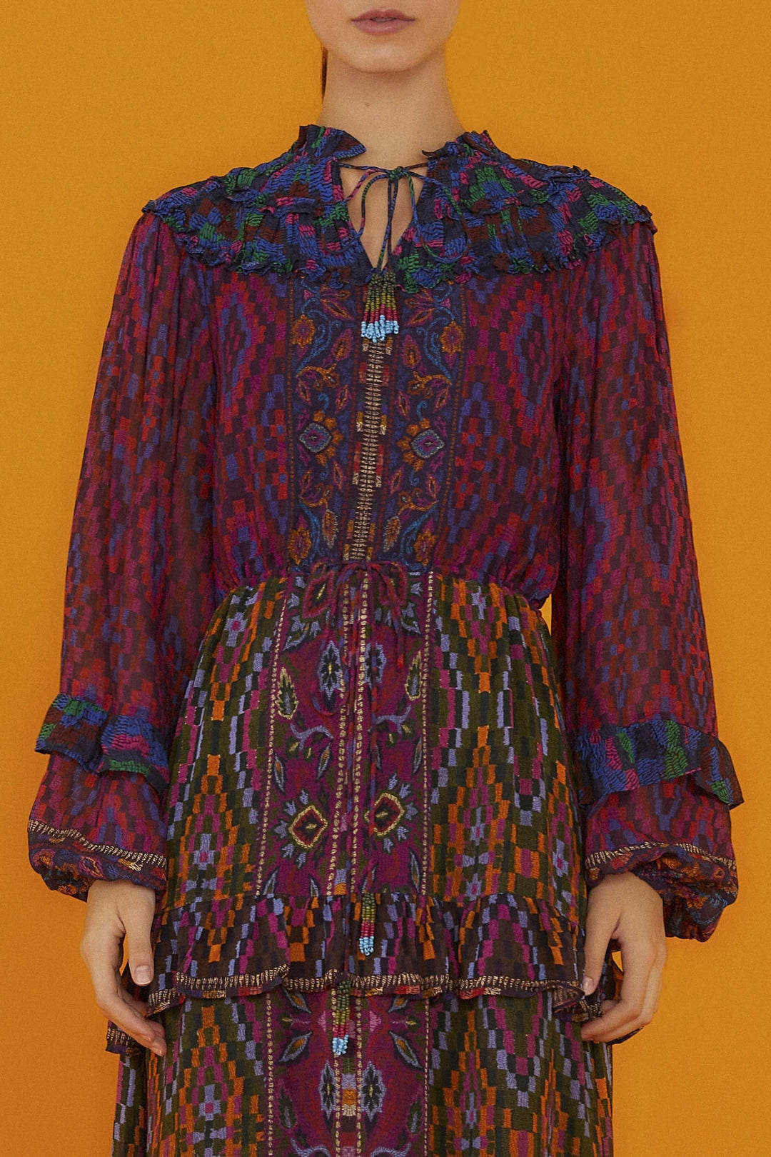 MEDIA OFF LINE_Robe longue volantées à manches longues - Multicolore