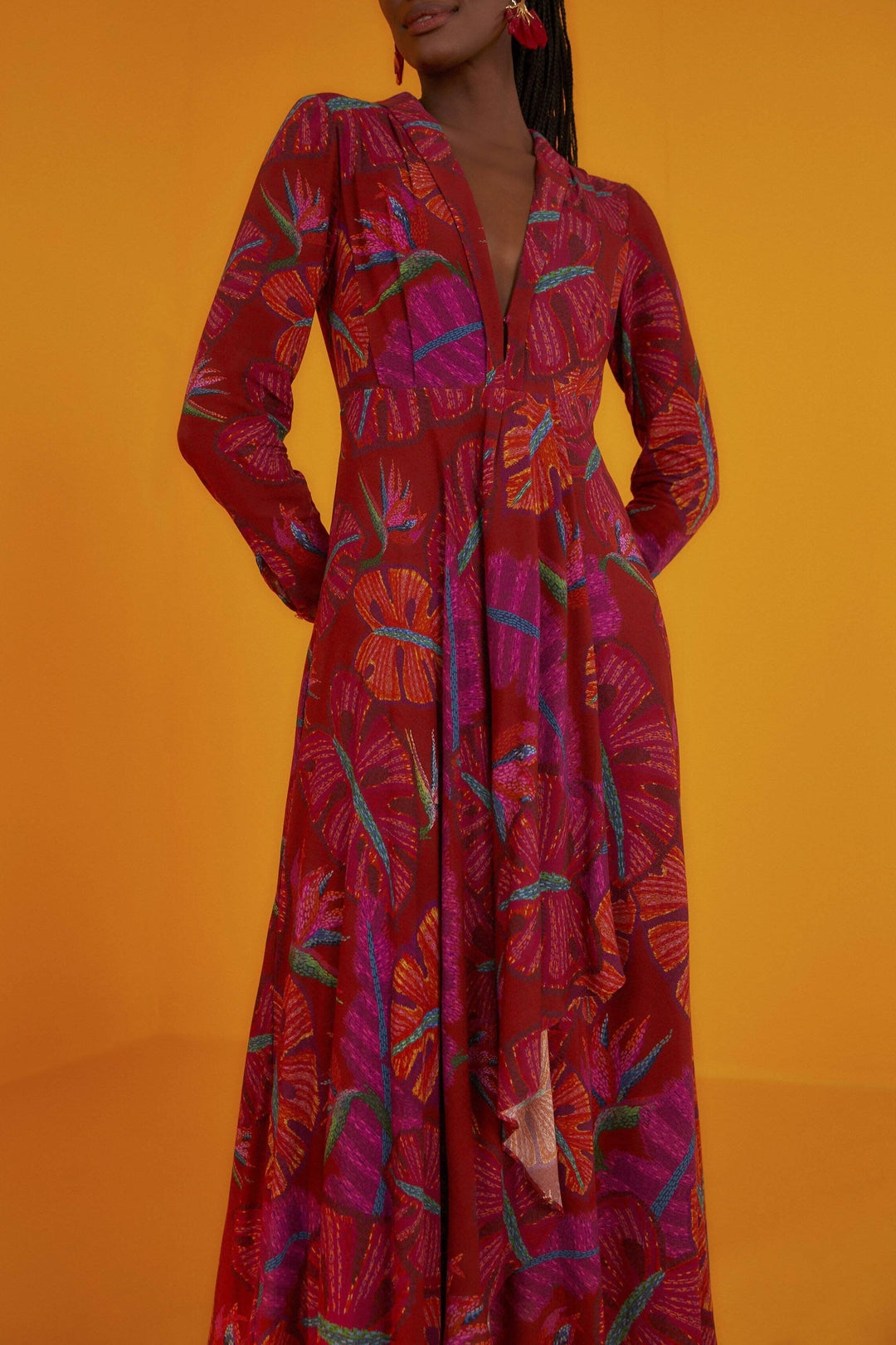 MEDIA OFF LINE_Robe maxi Delicate Leaves - Rouge