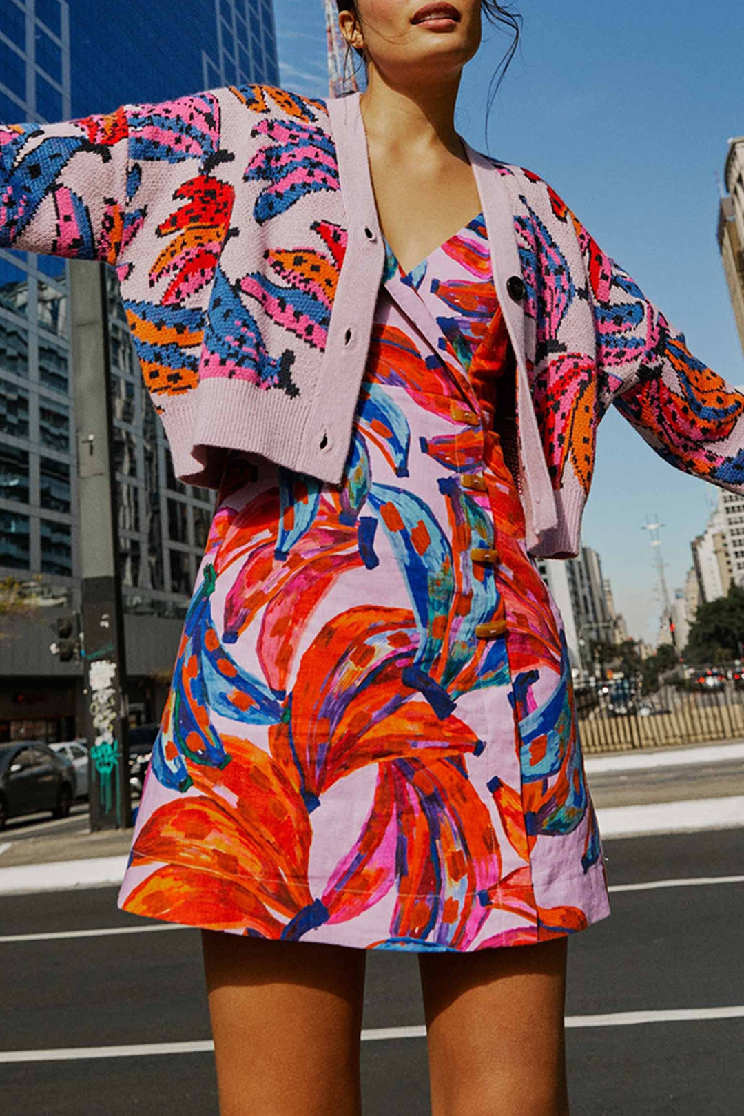 MEDIA OFF LINE_Robe courte Bananas colorées en lin - Rouge