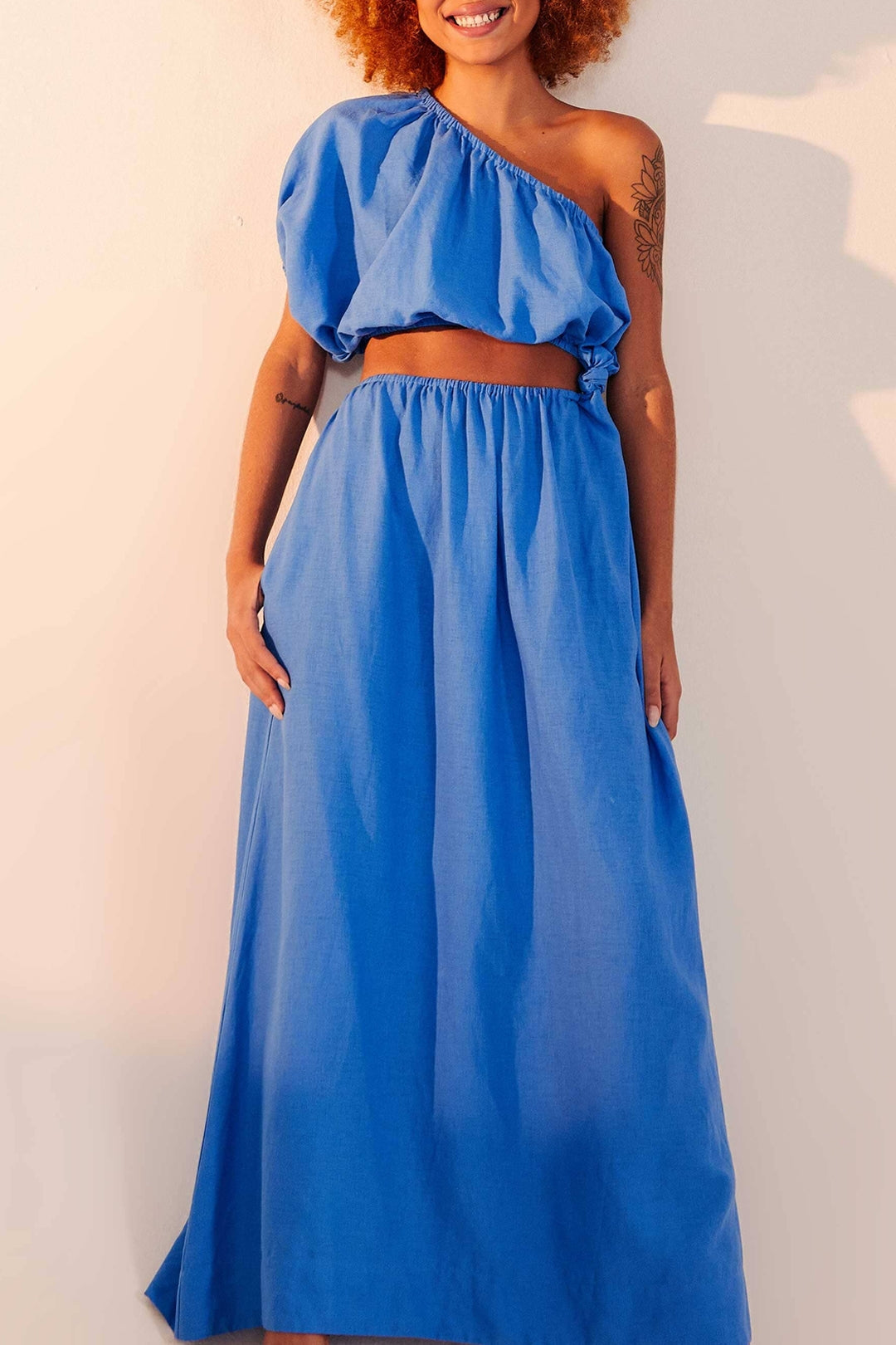 Asymmetrical long dress in linen - Blue
