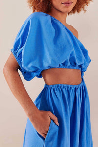 Asymmetrical long dress in linen - Blue