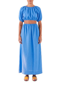 Asymmetrical long dress in linen - Blue