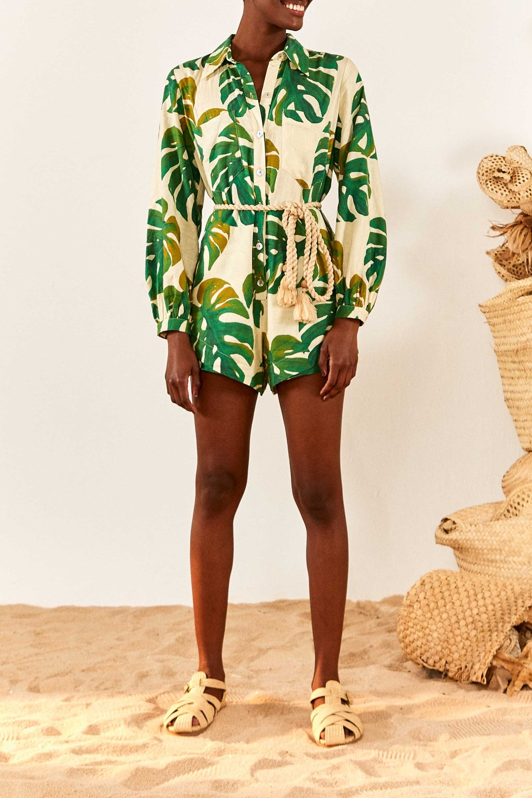 MEDIA OFF LINE_Combi-short Monstera en lin - Vert