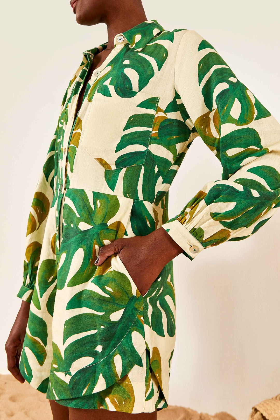 MEDIA OFF LINE_Combi-short Monstera en lin - Vert