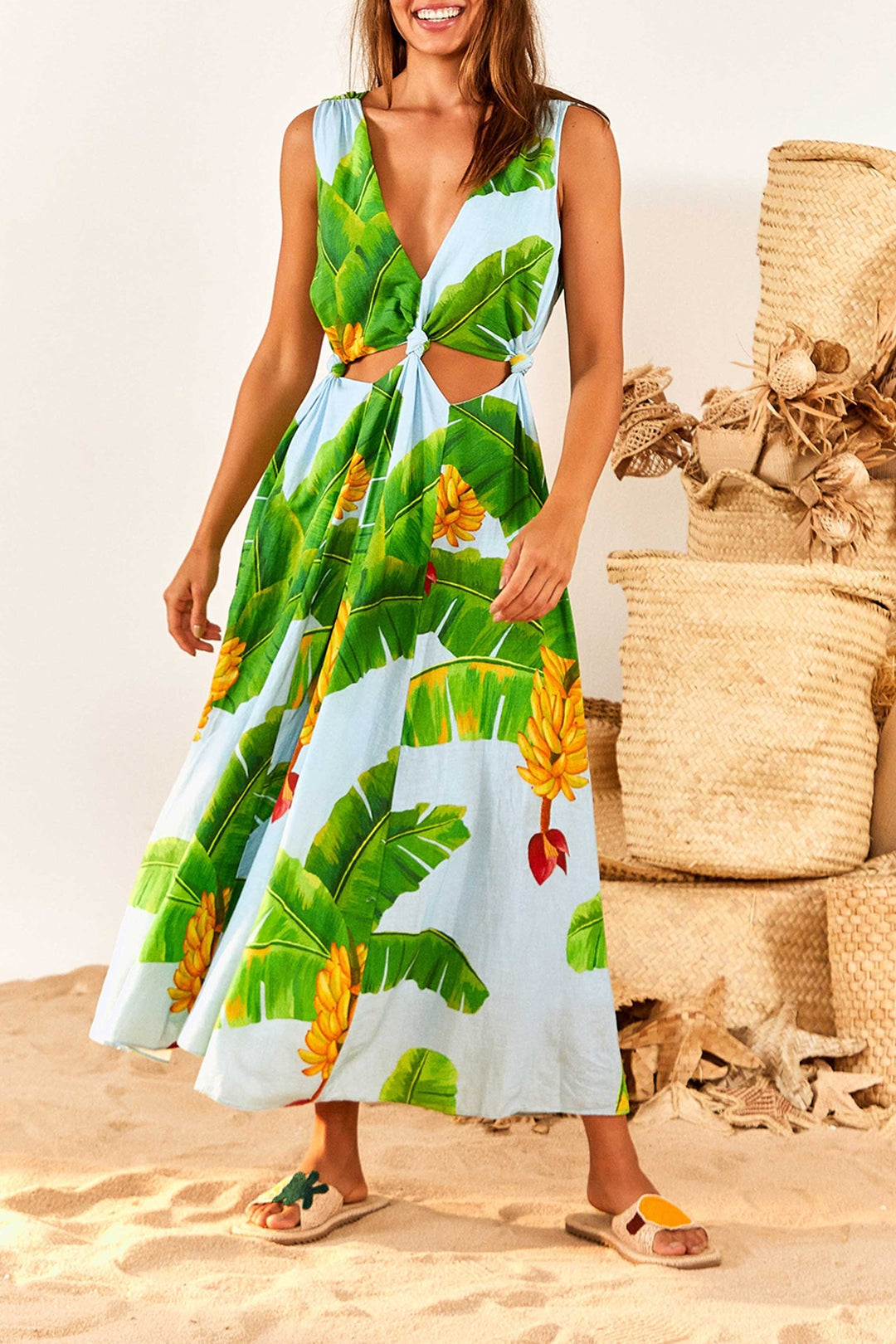 Robe longue Fresh Bananas en lin - Vert