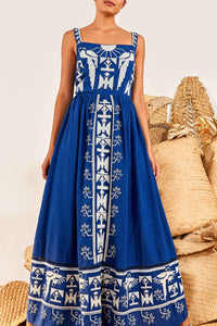 Robe longue Navy Macaw brodée en lin - Bleu