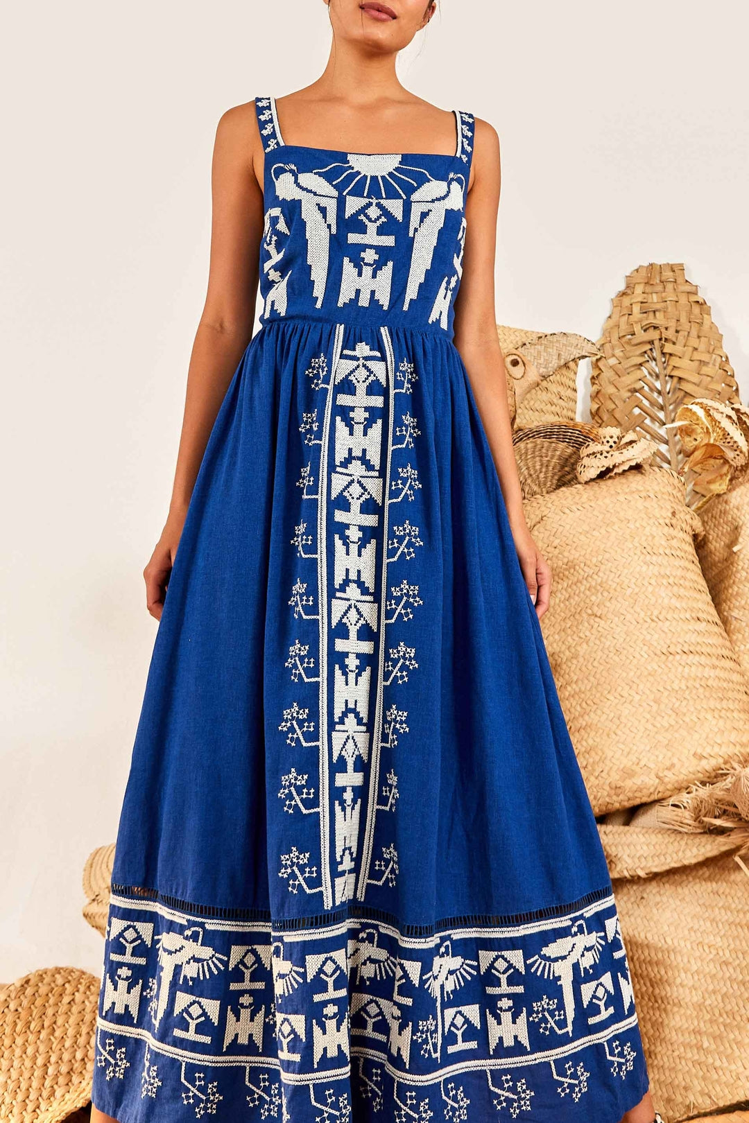 Robe longue Navy Macaw brodée en lin - Bleu
