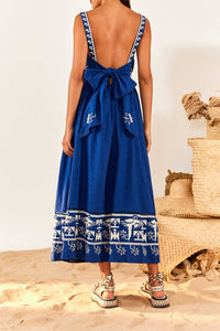 Robe longue Navy Macaw brodée en lin - Bleu