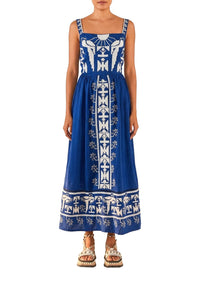 Robe longue Navy Macaw brodée en lin - Bleu
