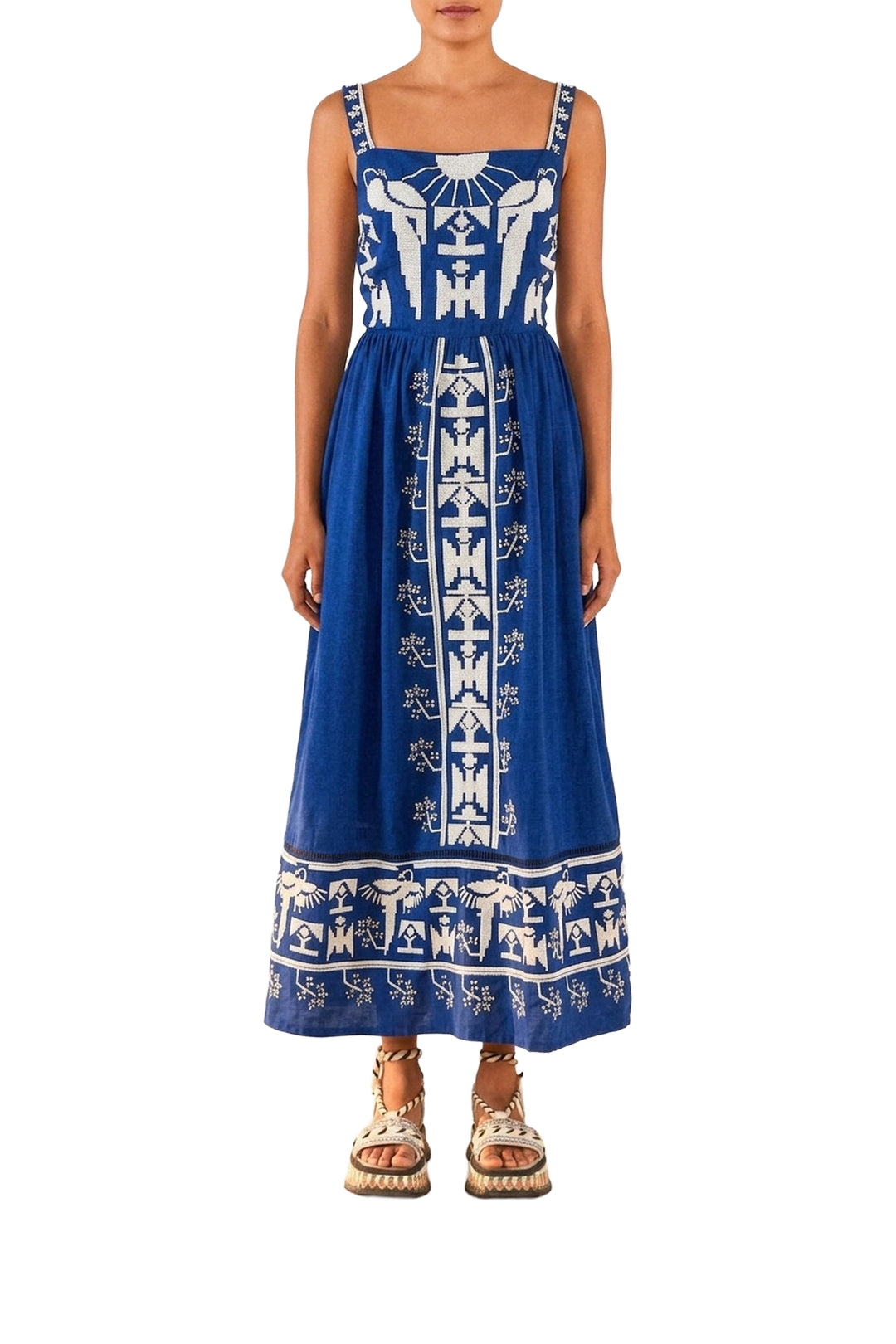 Robe longue Navy Macaw brodée en lin - Bleu