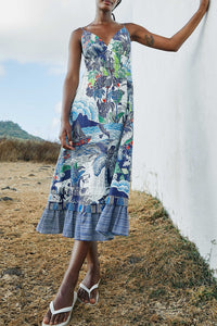 Graphic Rio midi dress in linen - Blue