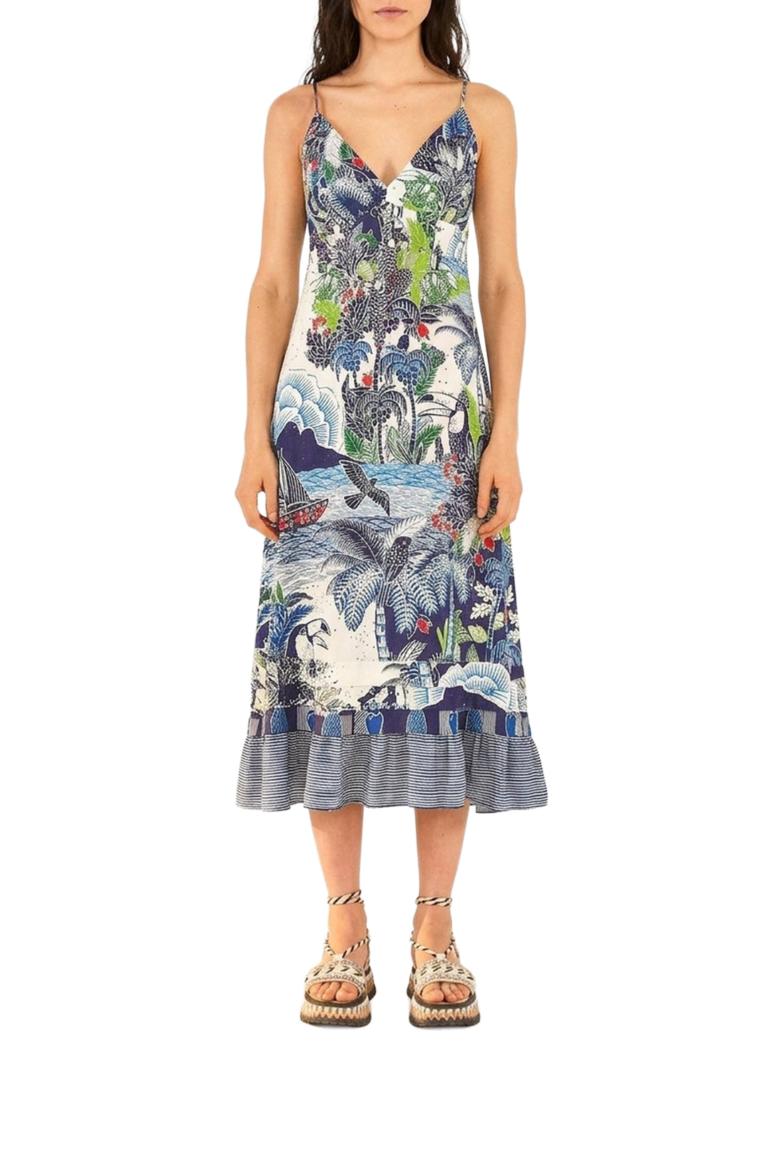 Graphic Rio midi dress in linen - Blue