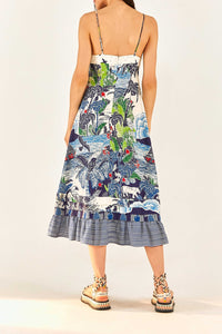 Graphic Rio midi dress in linen - Blue