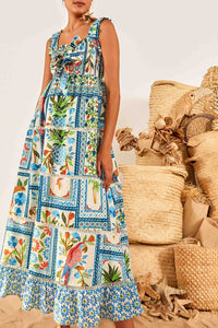 Robe midi Tropical Tiles en coton - Multicolore