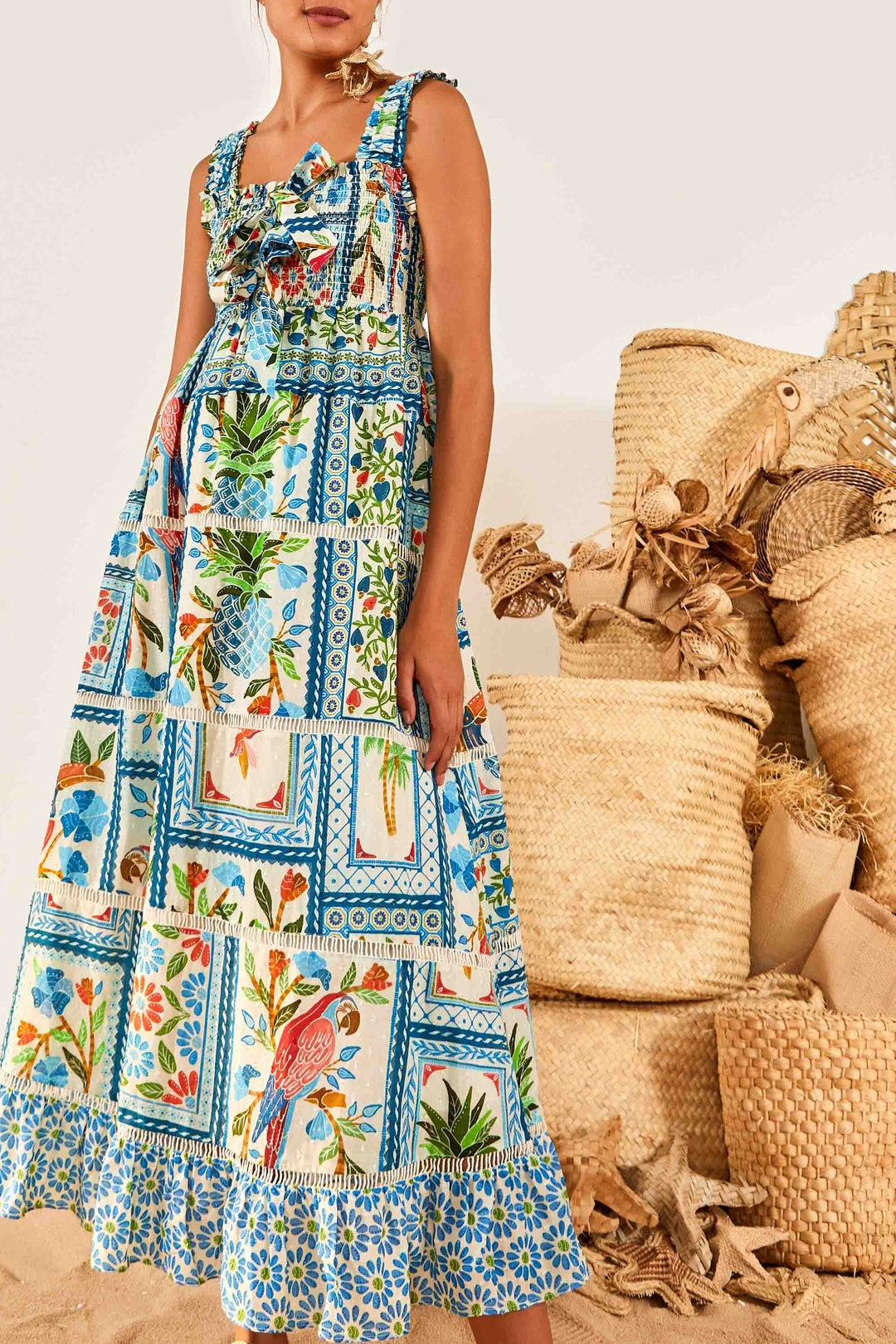 Robe midi Tropical Tiles en coton - Multicolore