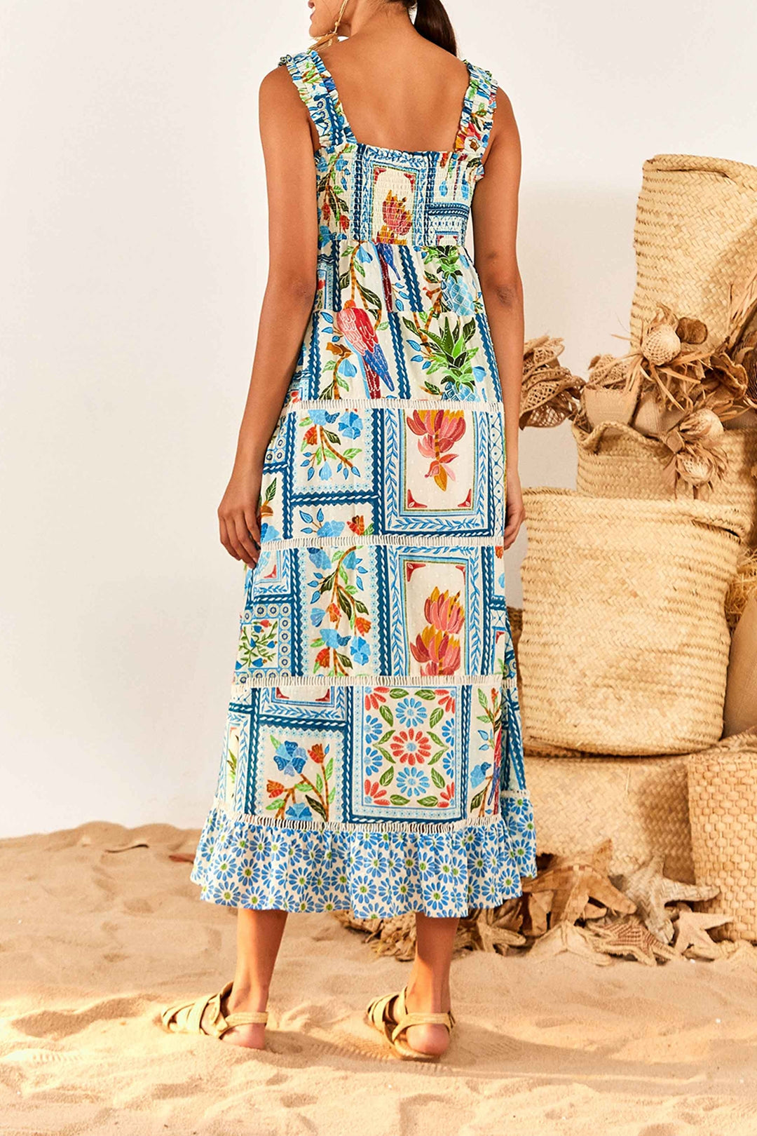 Robe midi Tropical Tiles en coton - Multicolore