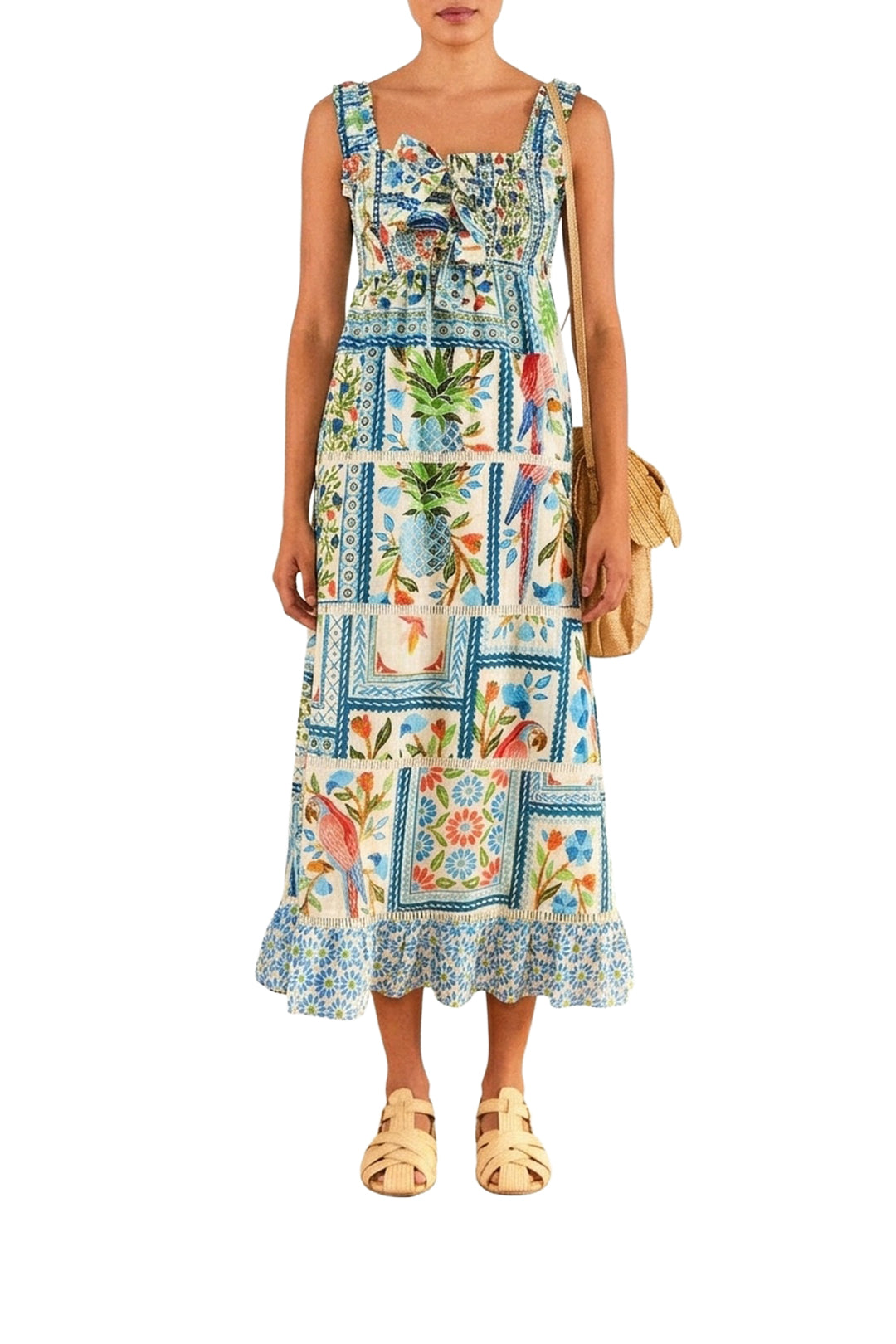 Robe midi Tropical Tiles en coton - Multicolore