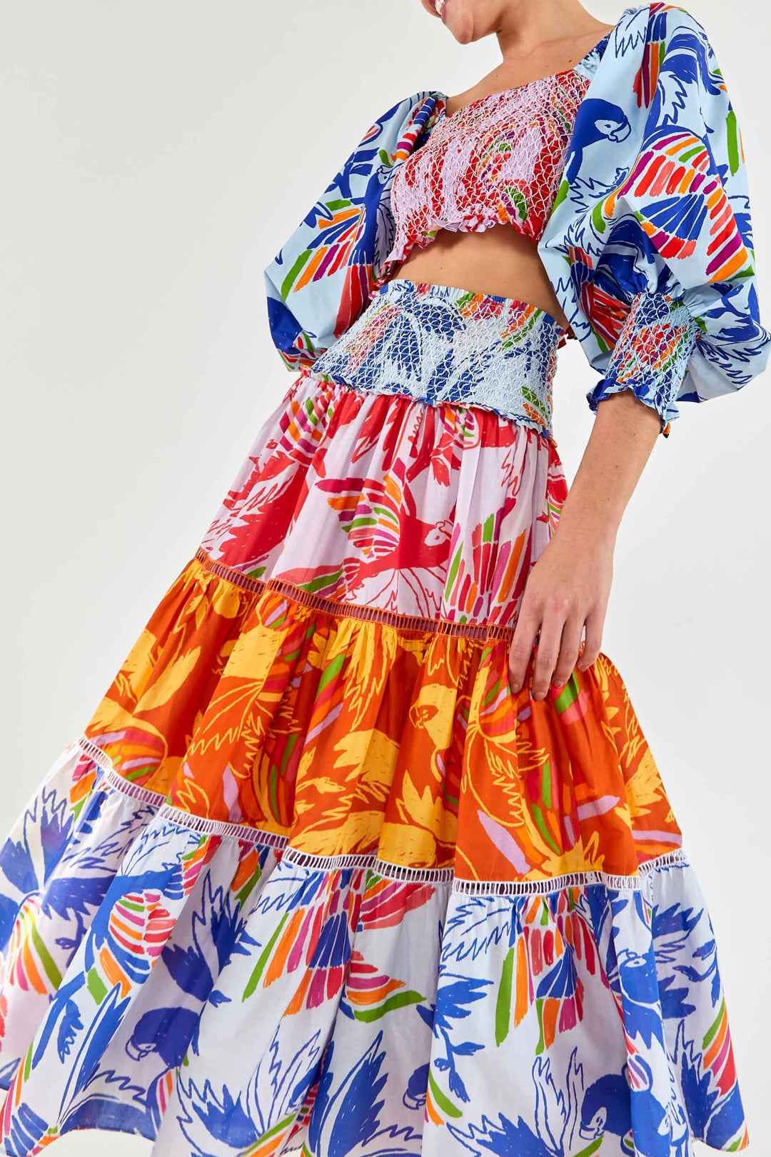 Jupe midi Color Birds en coton - Multicolore