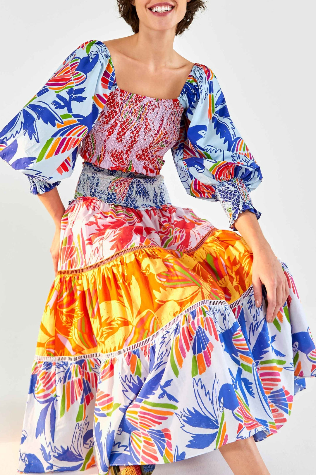 Jupe midi Color Birds en coton - Multicolore