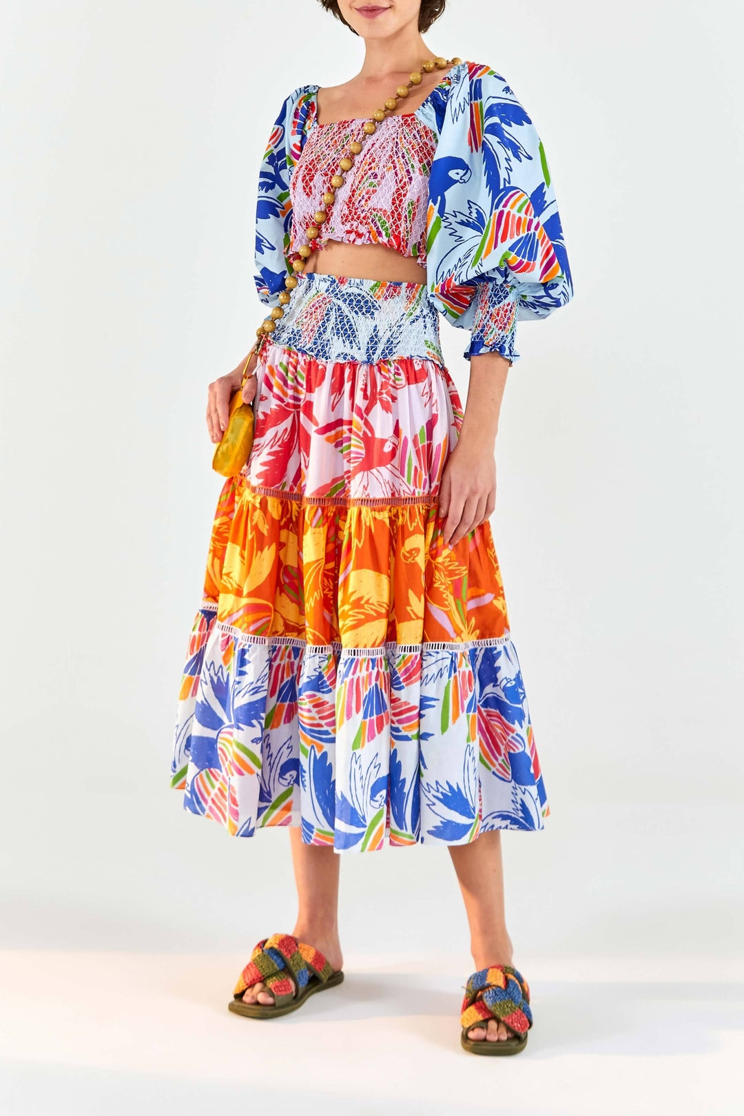 Jupe midi Color Birds en coton - Multicolore